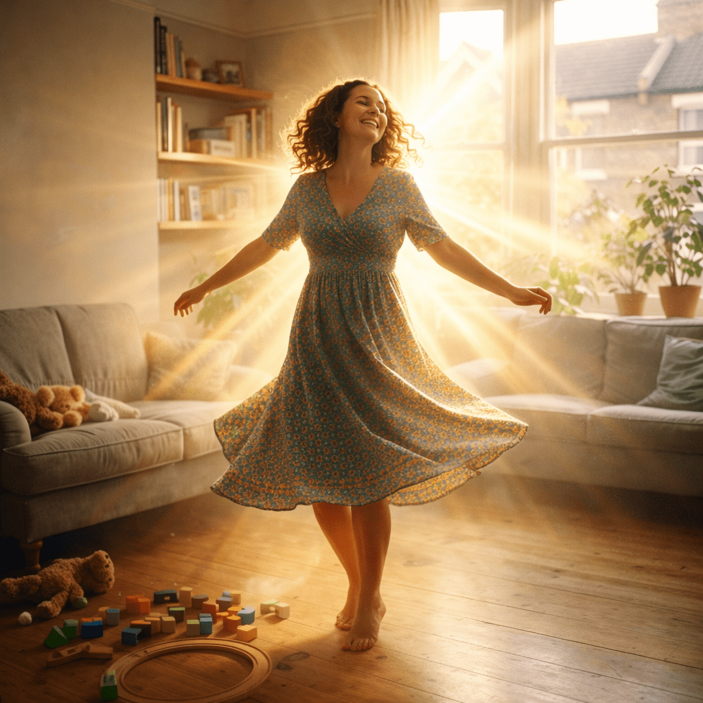 Mother and three children dancing and playing in living room with toys scattered on floor