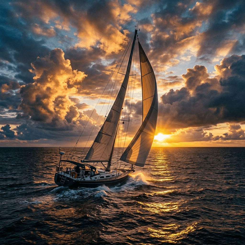 Sailboat sailing on ocean with colorful sunset and dramatic clouds