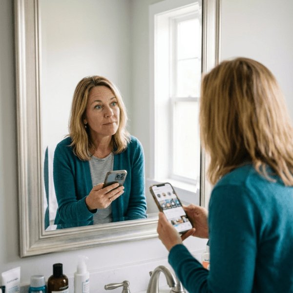 Woman holding smartphone and looking at mirror in bathroom