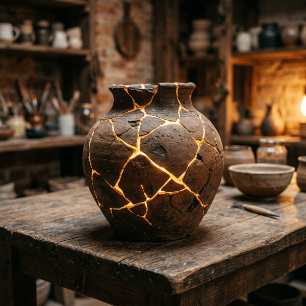 Ceramic vase repaired with kintsugi gold seams glowing warmly
